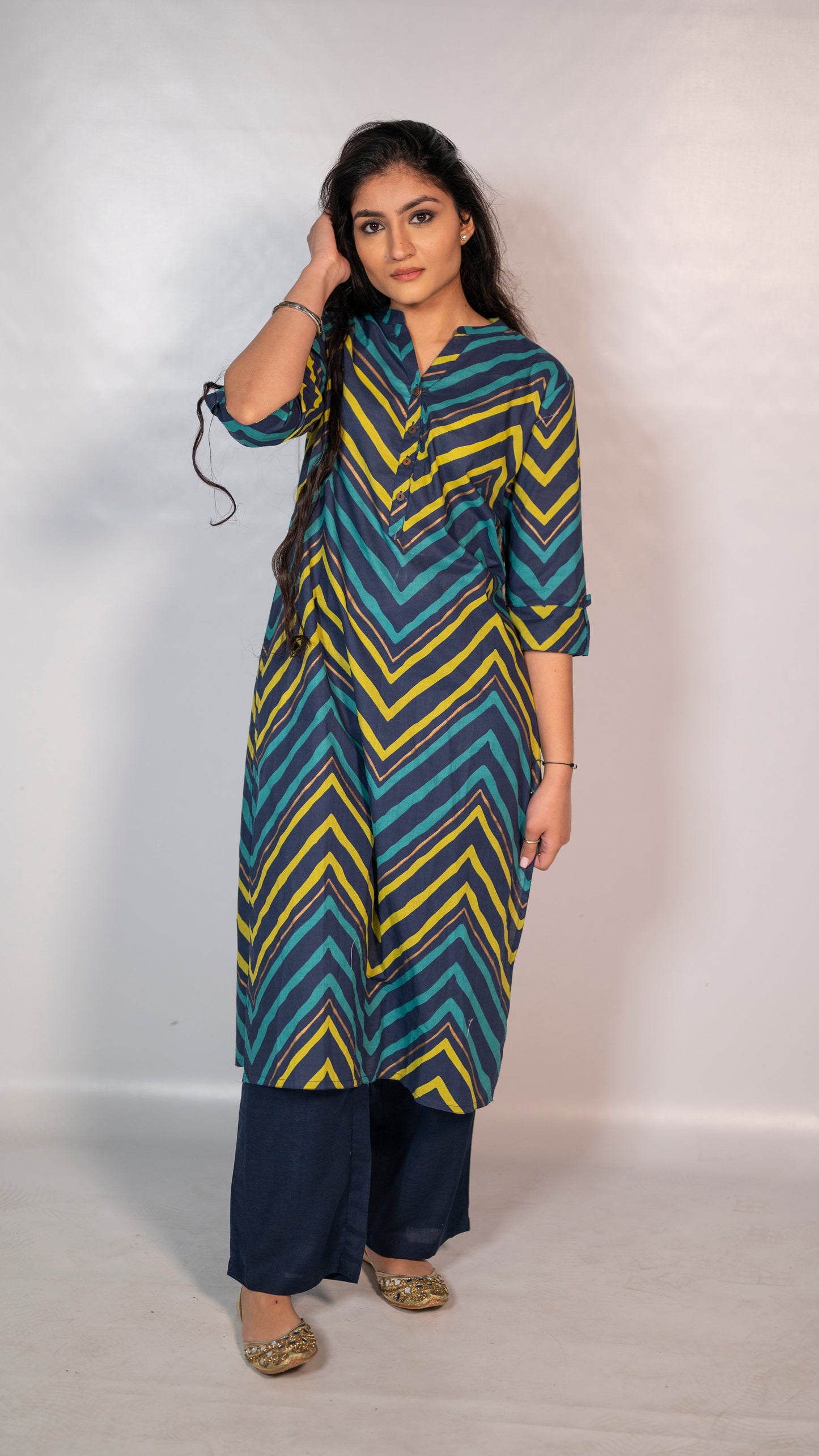 Cotton Blue/ Yellow Block Print Co-Ord Set
