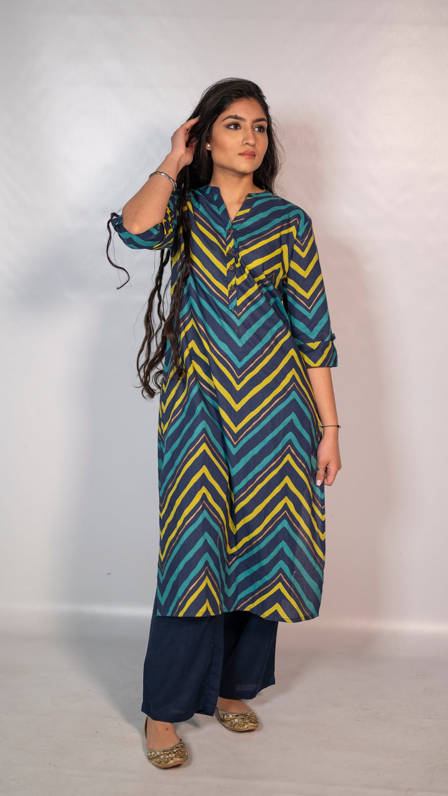 Cotton Blue/ Yellow Block Print Co-Ord Set