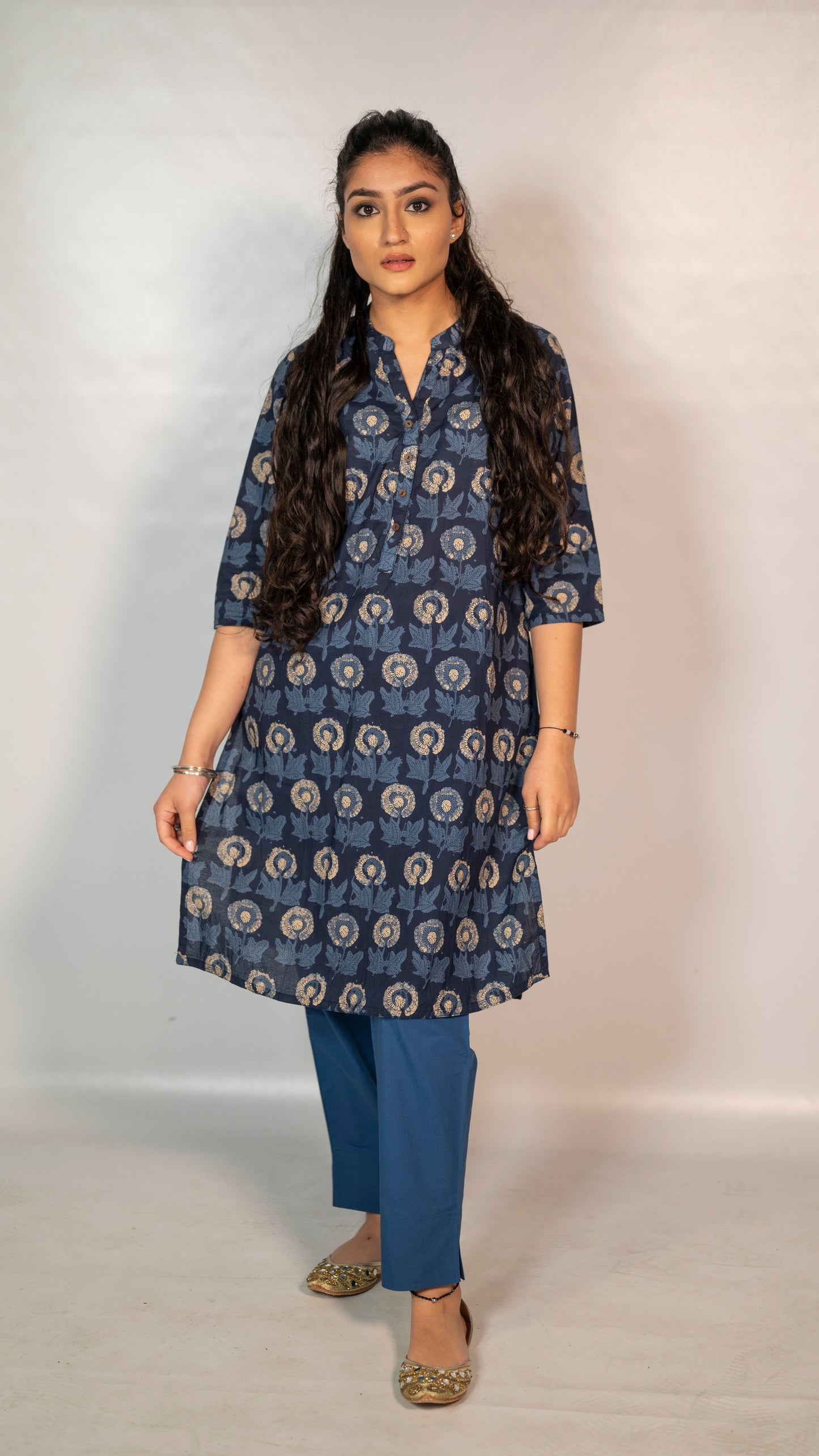 Cotton Blue Flower Block Print Co-Ord Set