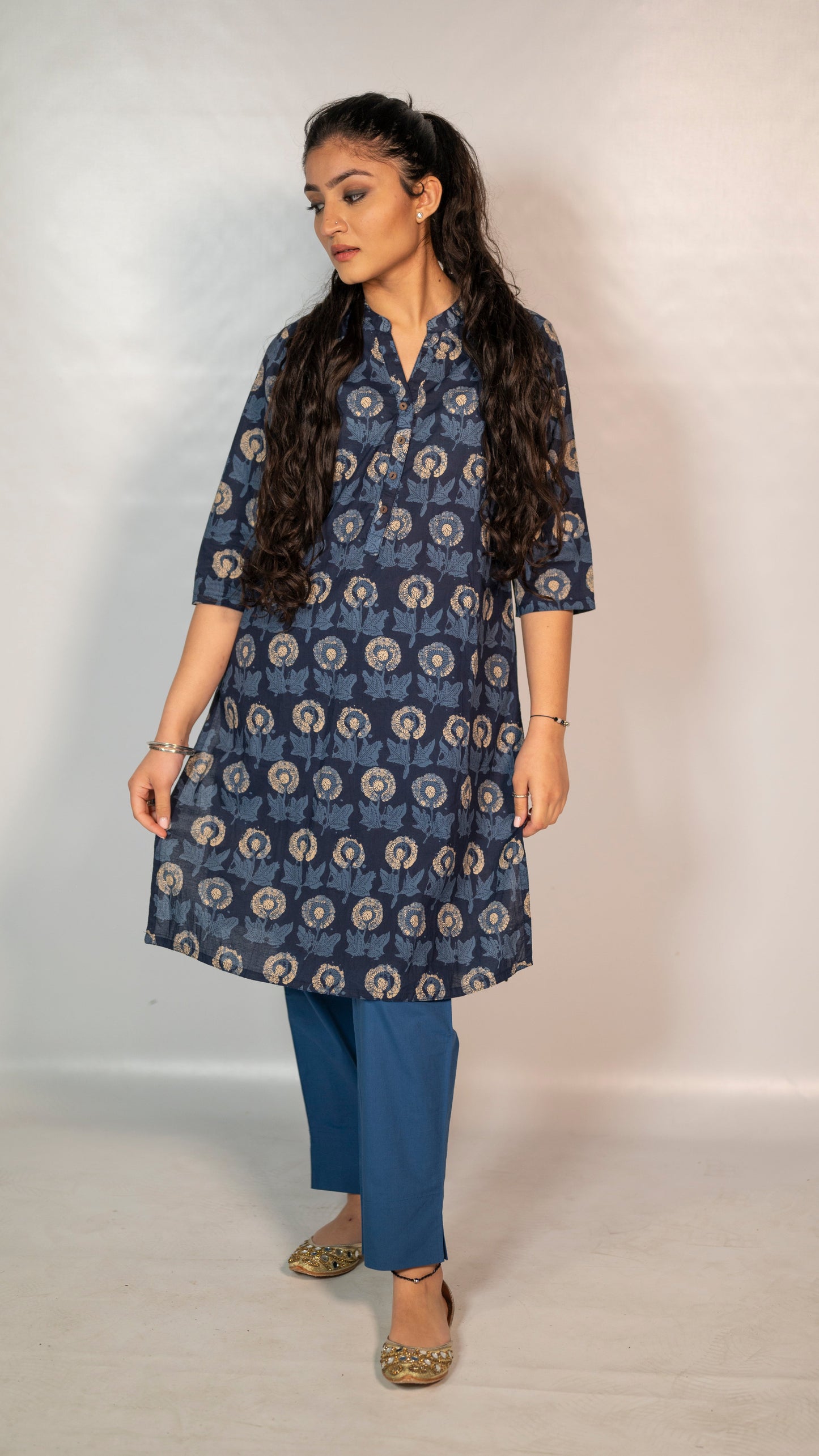 Cotton Blue Flower Block Print Co-Ord Set