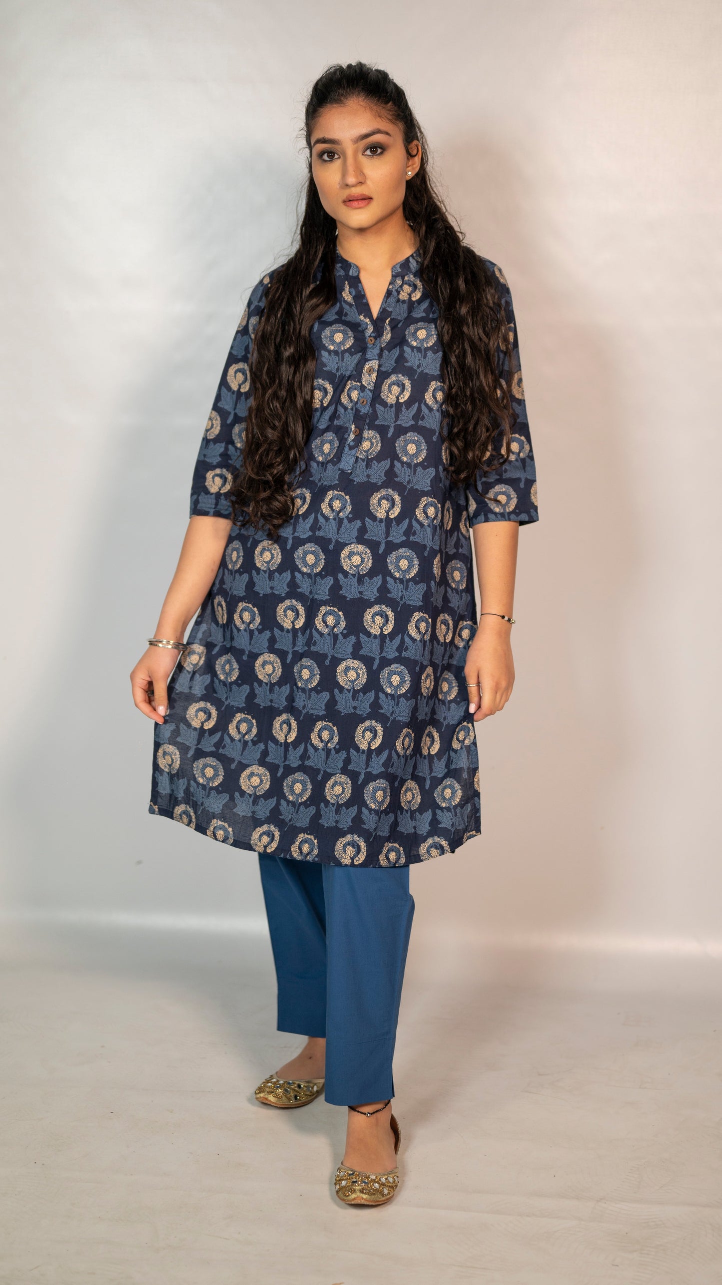 Cotton Blue Flower Block Print Co-Ord Set