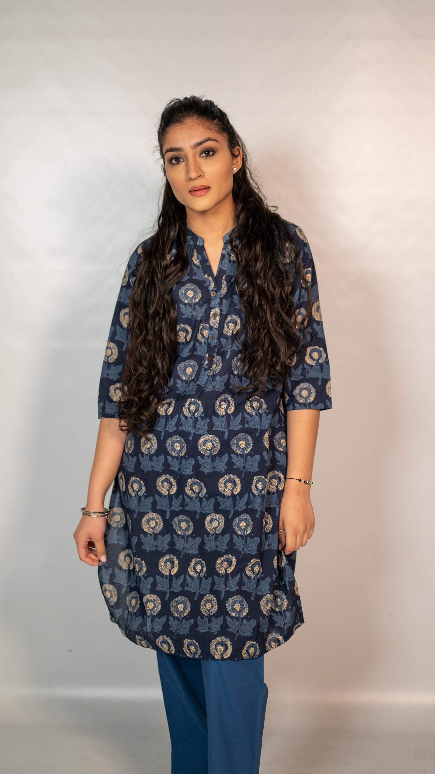 Cotton Blue Flower Block Print Co-Ord Set