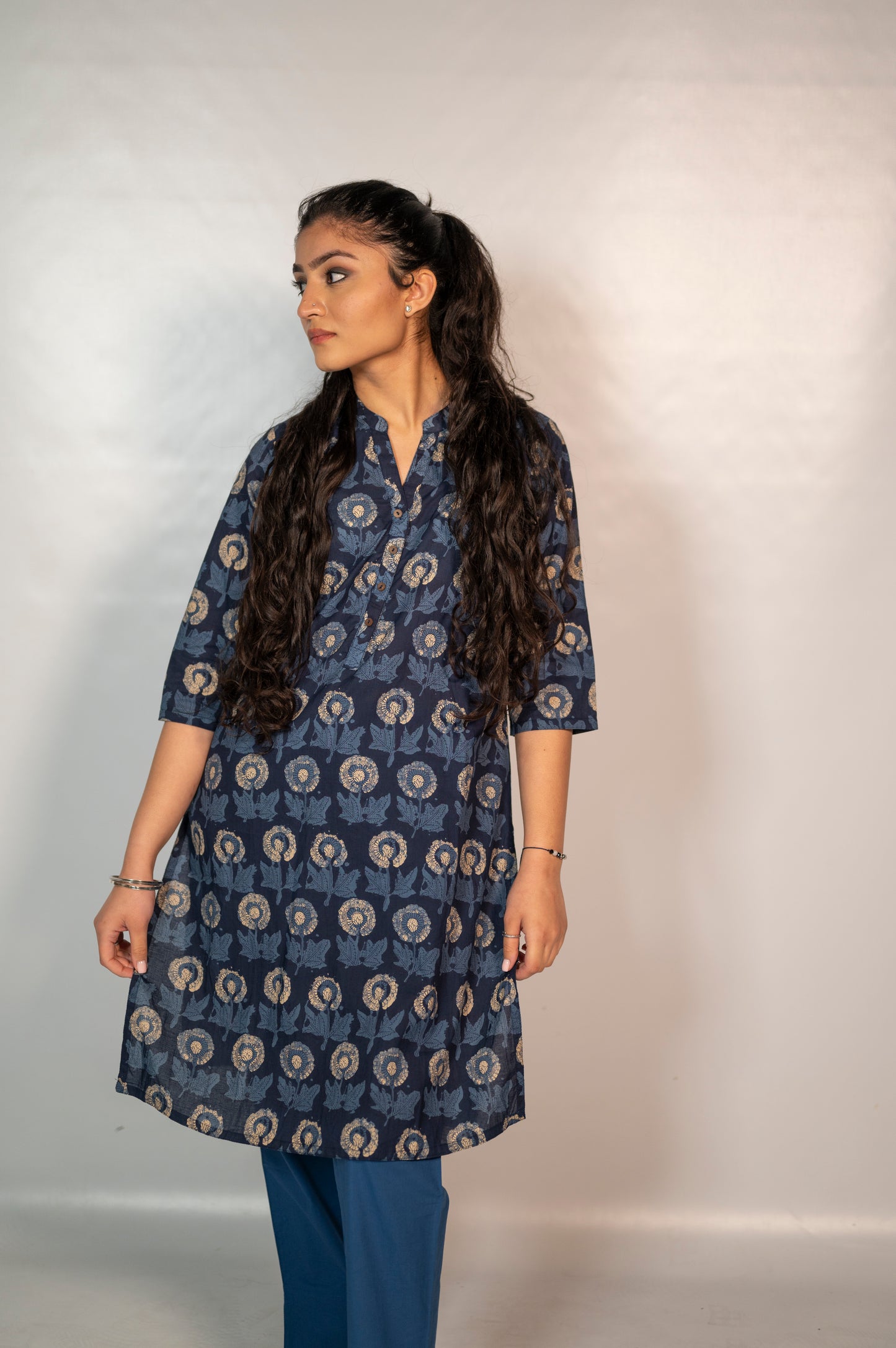 Cotton Blue Flower Block Print Co-Ord Set