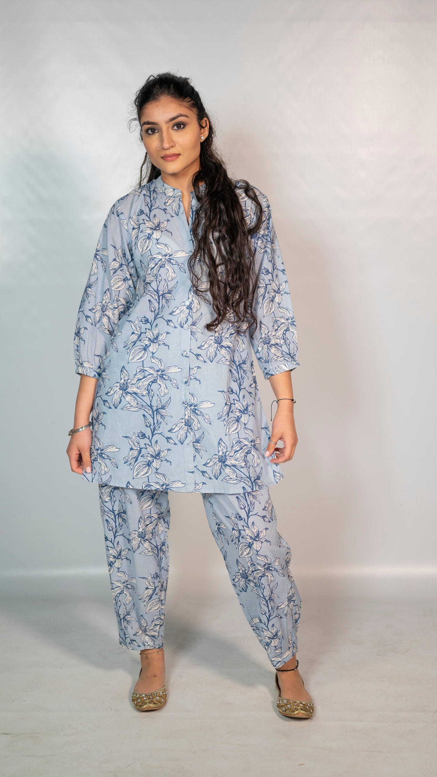 Cotton Light Blue Flower Block Print Co-Ord Set