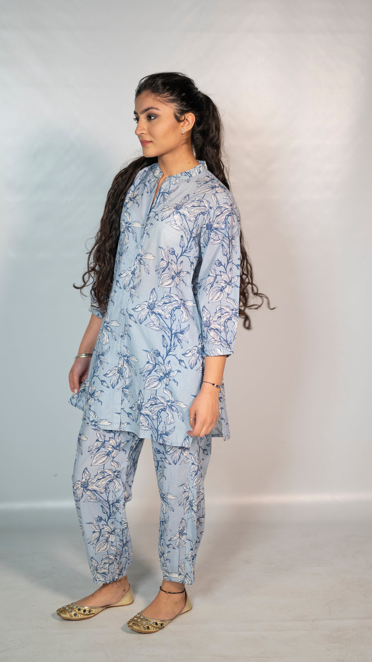 Cotton Light Blue Flower Block Print Co-Ord Set