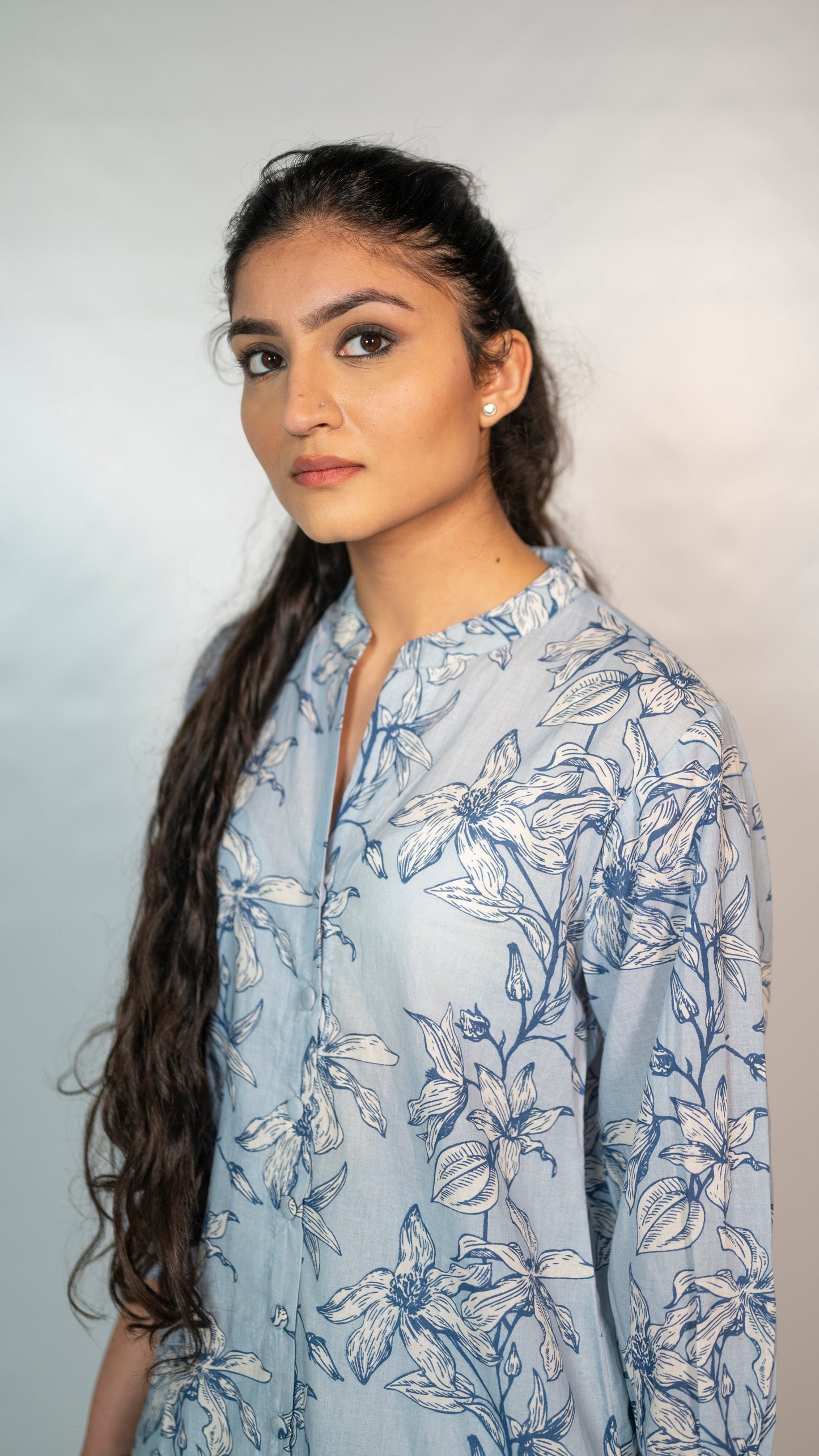 Cotton Light Blue Flower Block Print Co-Ord Set