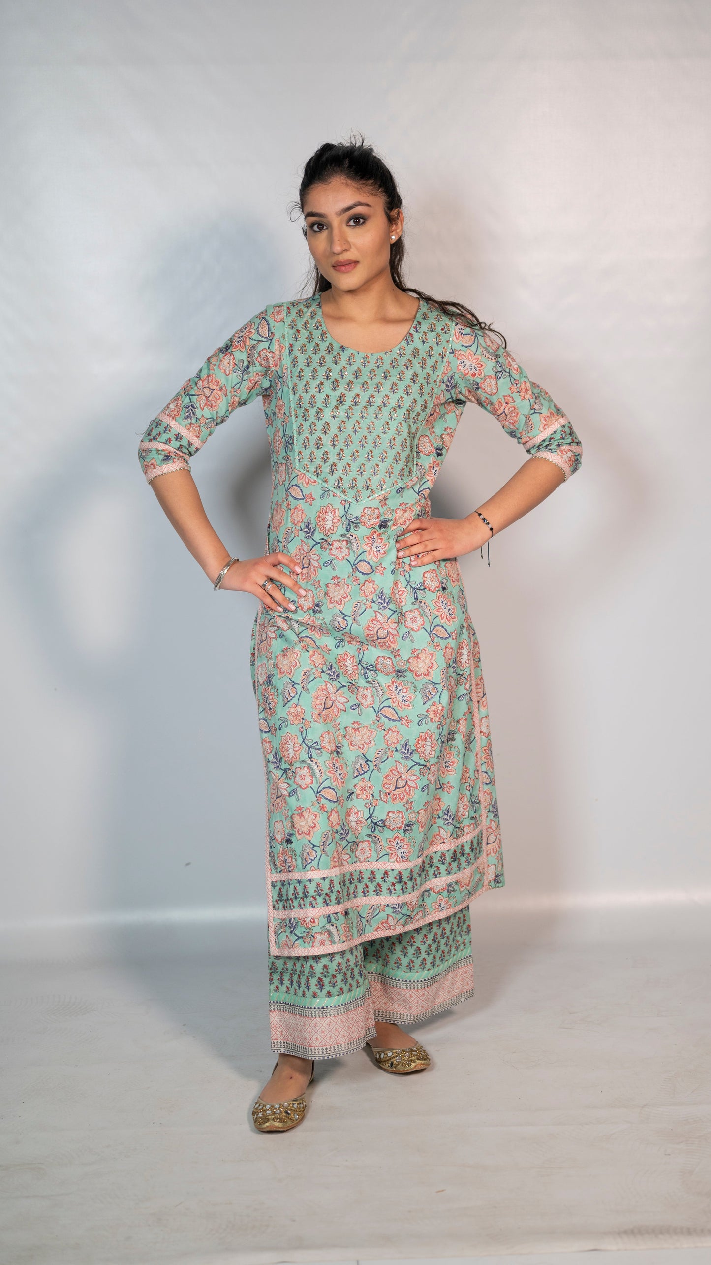 Cotton Green Flower Block Print Co-Ord Set