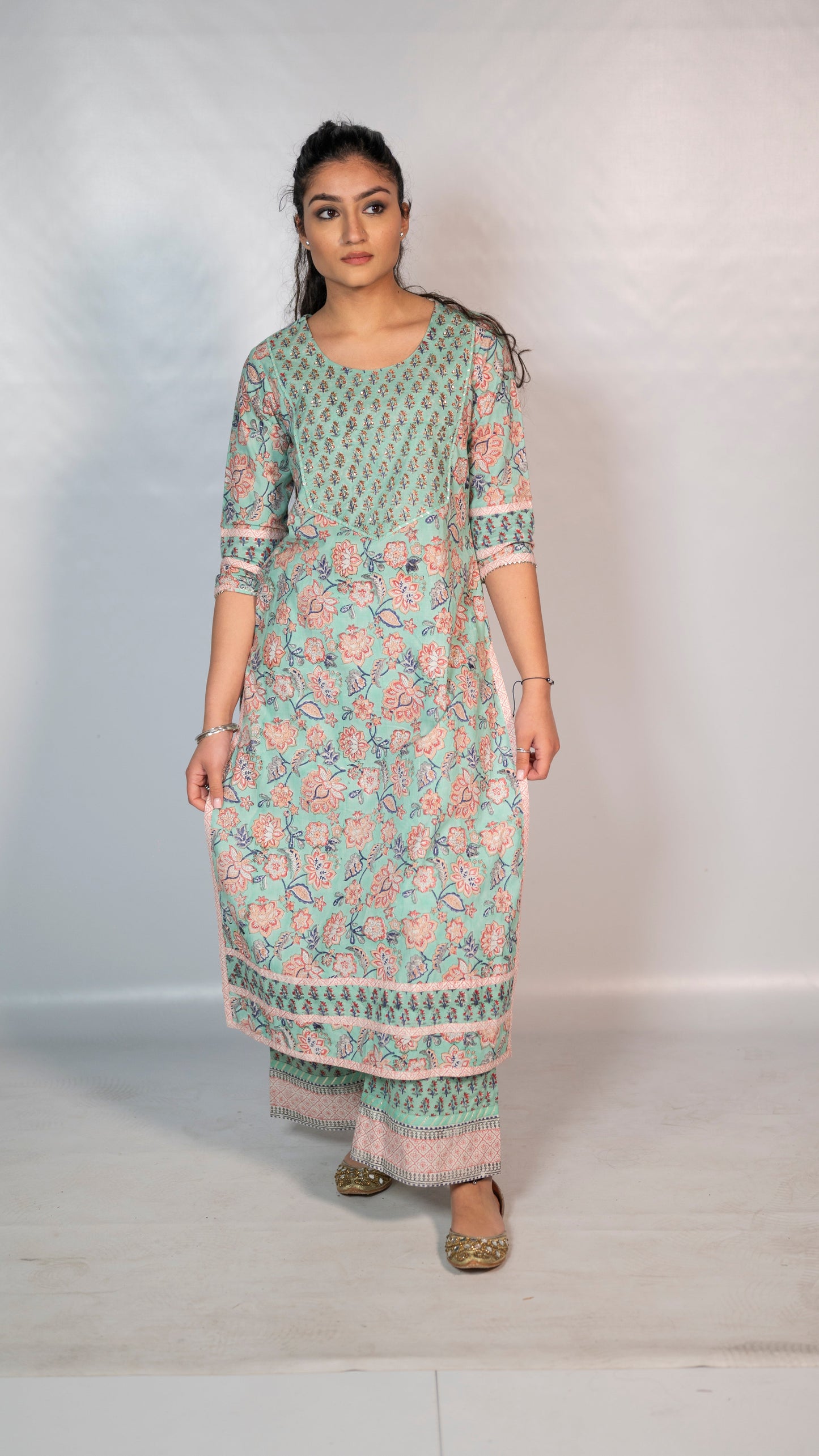 Cotton Green Flower Block Print Co-Ord Set