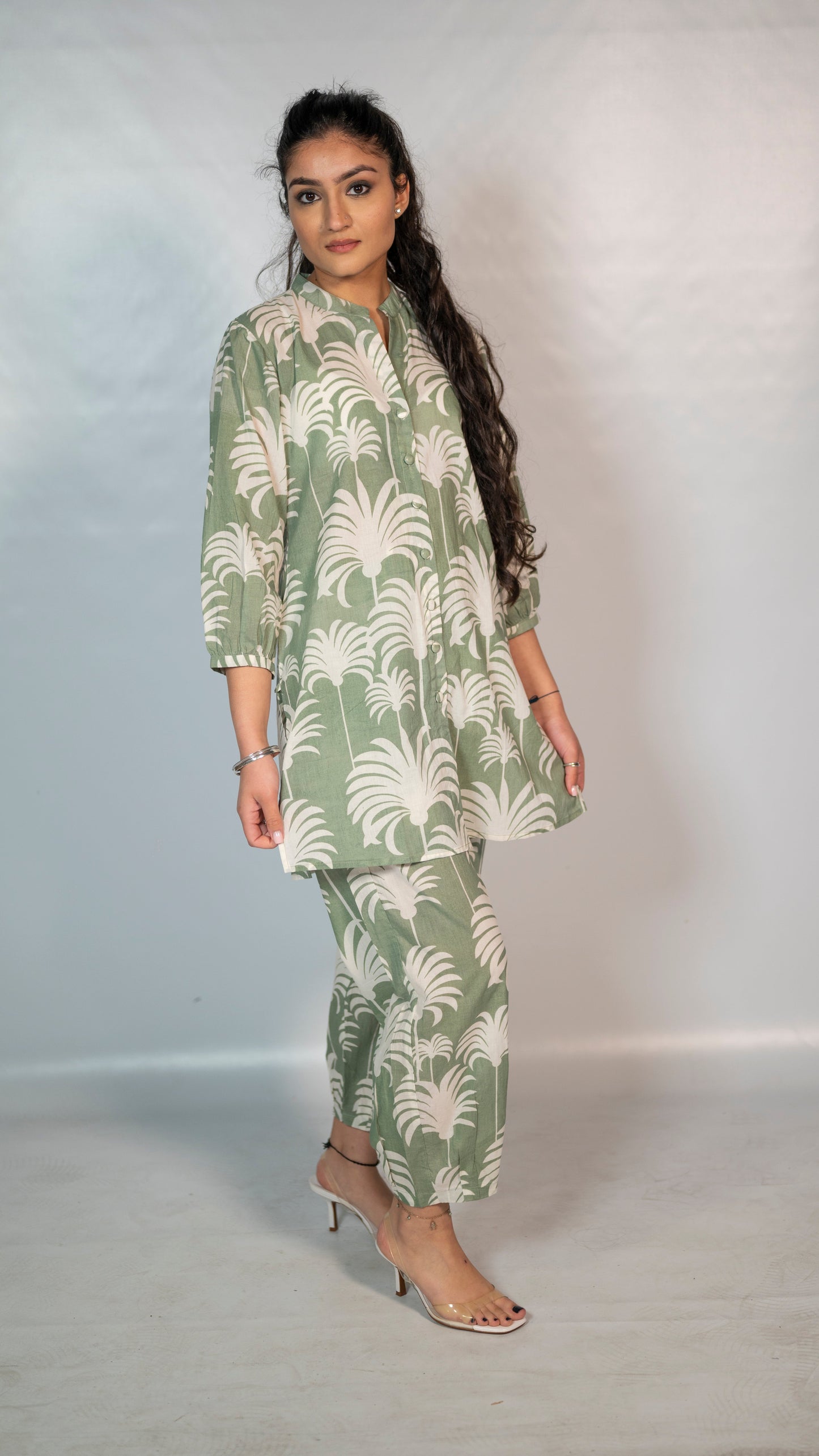 Cotton Light Green Leaf Block Print Co-Ord Set