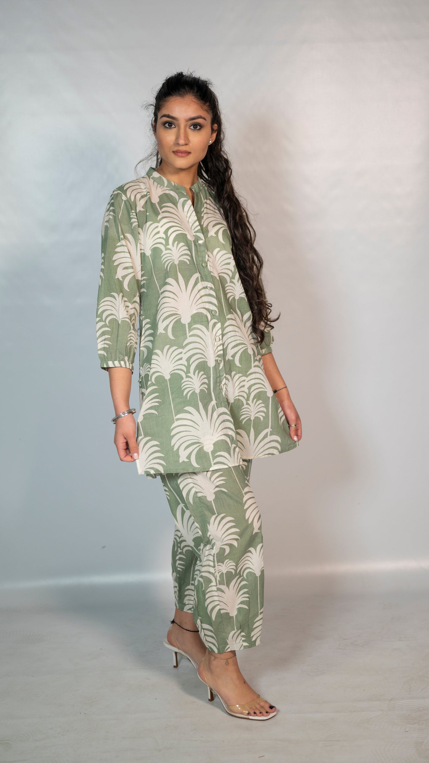 Cotton Light Green Leaf Block Print Co-Ord Set
