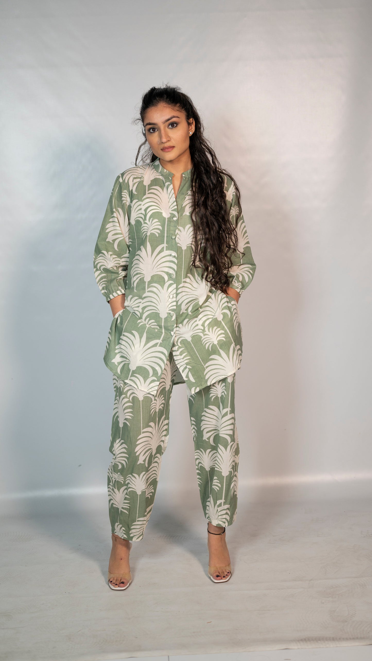 Cotton Light Green Leaf Block Print Co-Ord Set