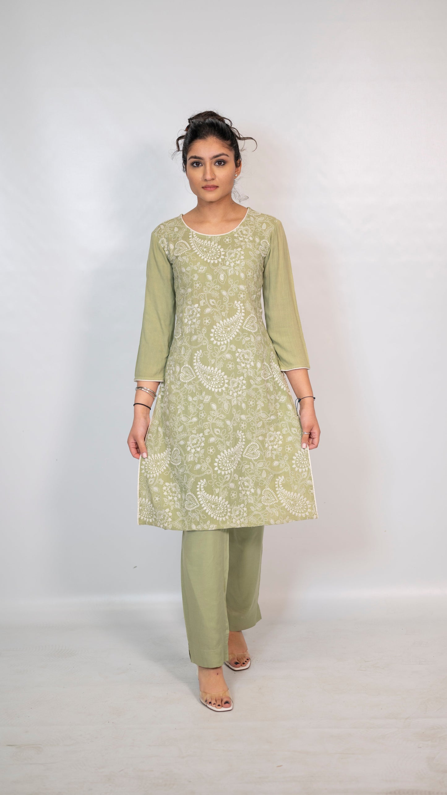 Cotton Olive Thread Embroidery Co-Ord Set
