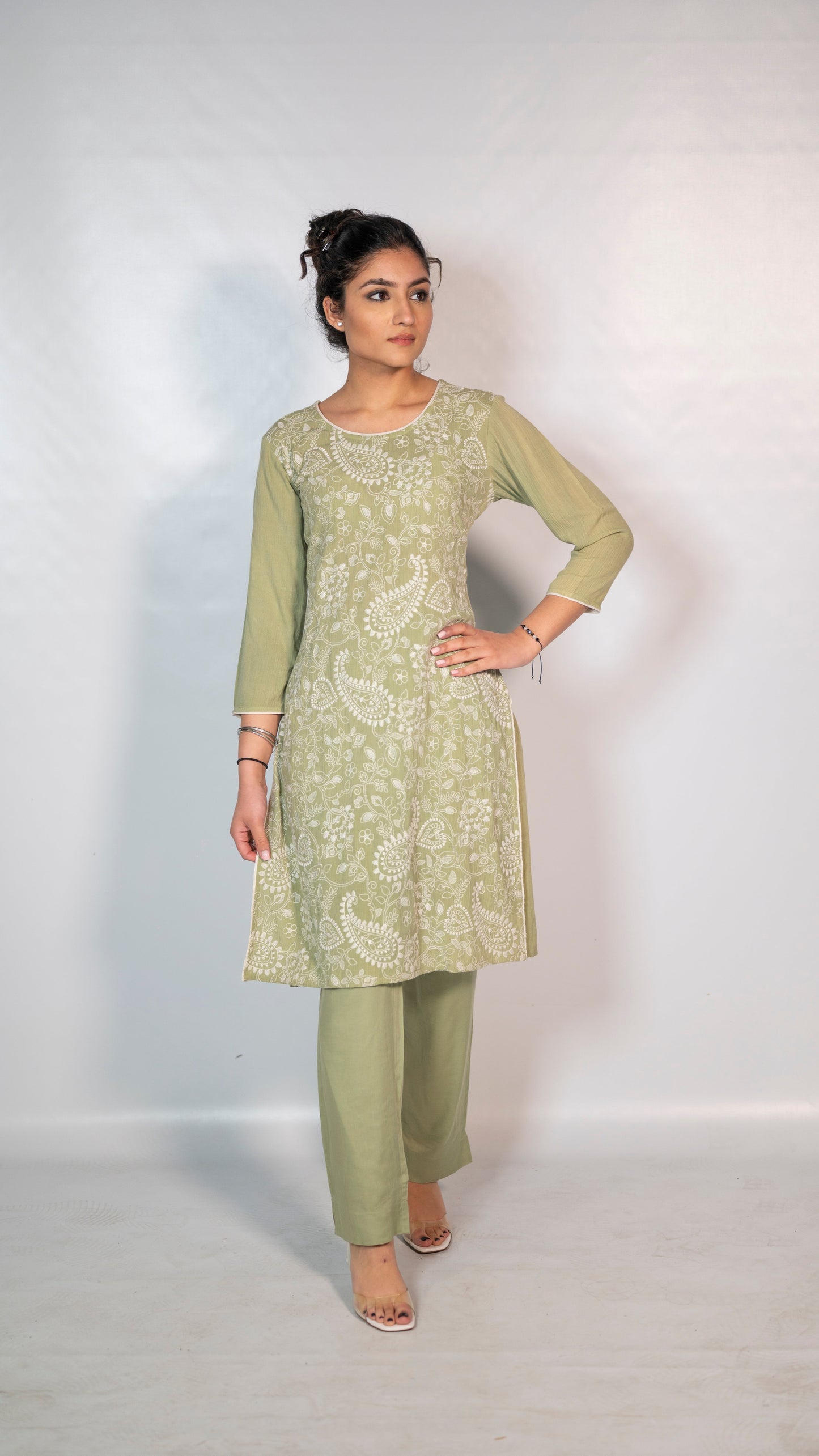 Cotton Olive Thread Embroidery Co-Ord Set