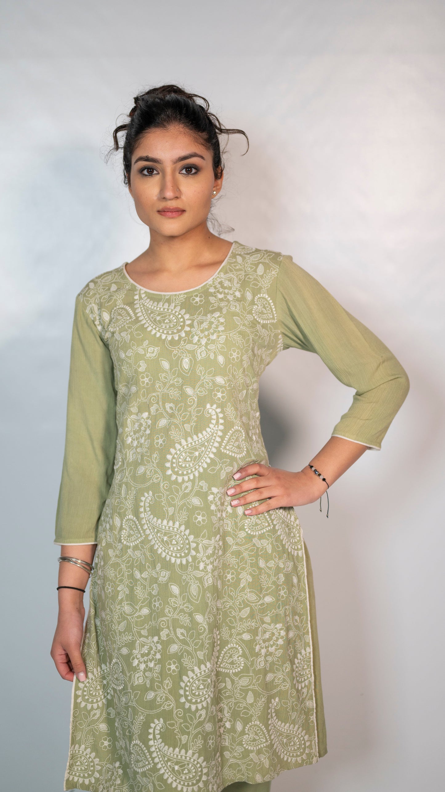 Cotton Olive Thread Embroidery Co-Ord Set
