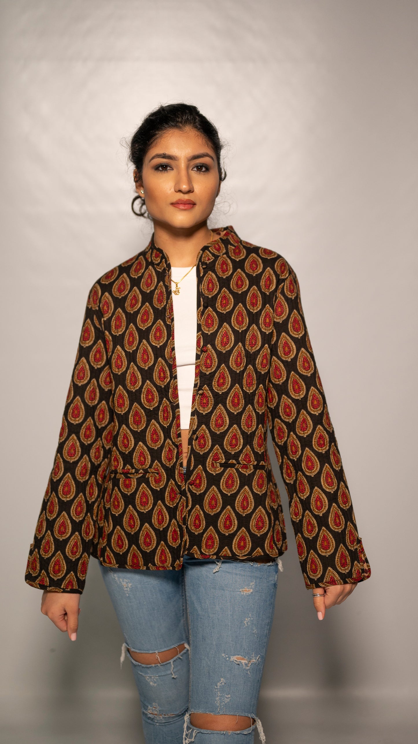 Ladies Cotton Black Reversible Jaipur Block Print Jacket