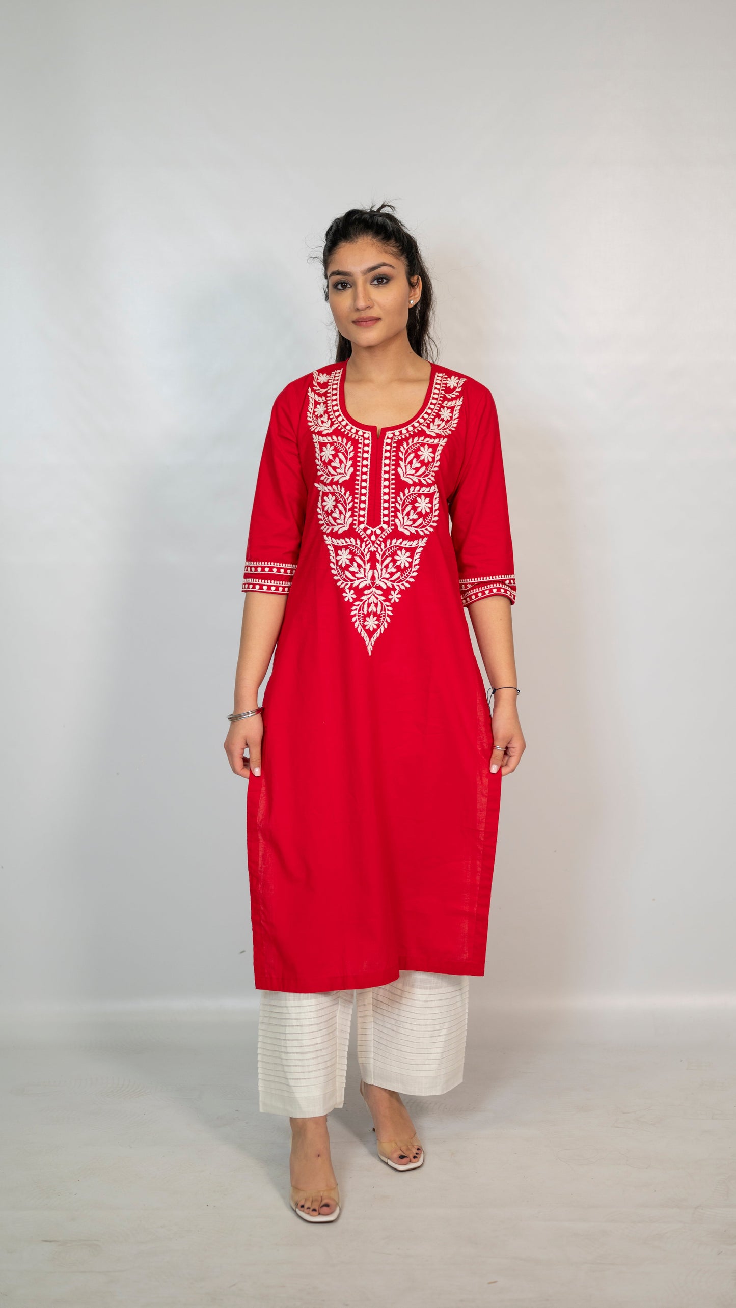 Cotton Red Embroidery Long Co Ord Set