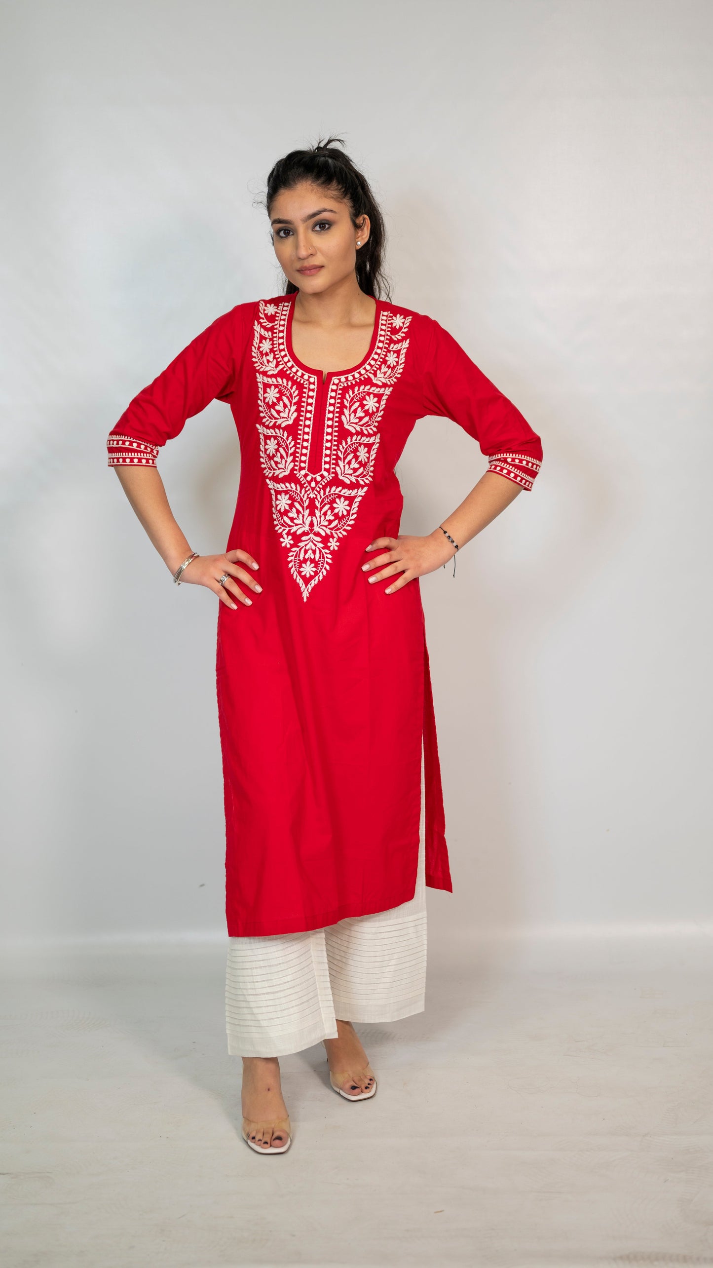 Cotton Red Embroidery Long Co Ord Set