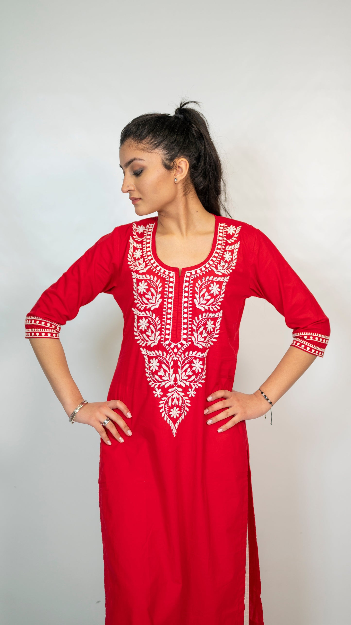 Cotton Red Embroidery Long Co Ord Set