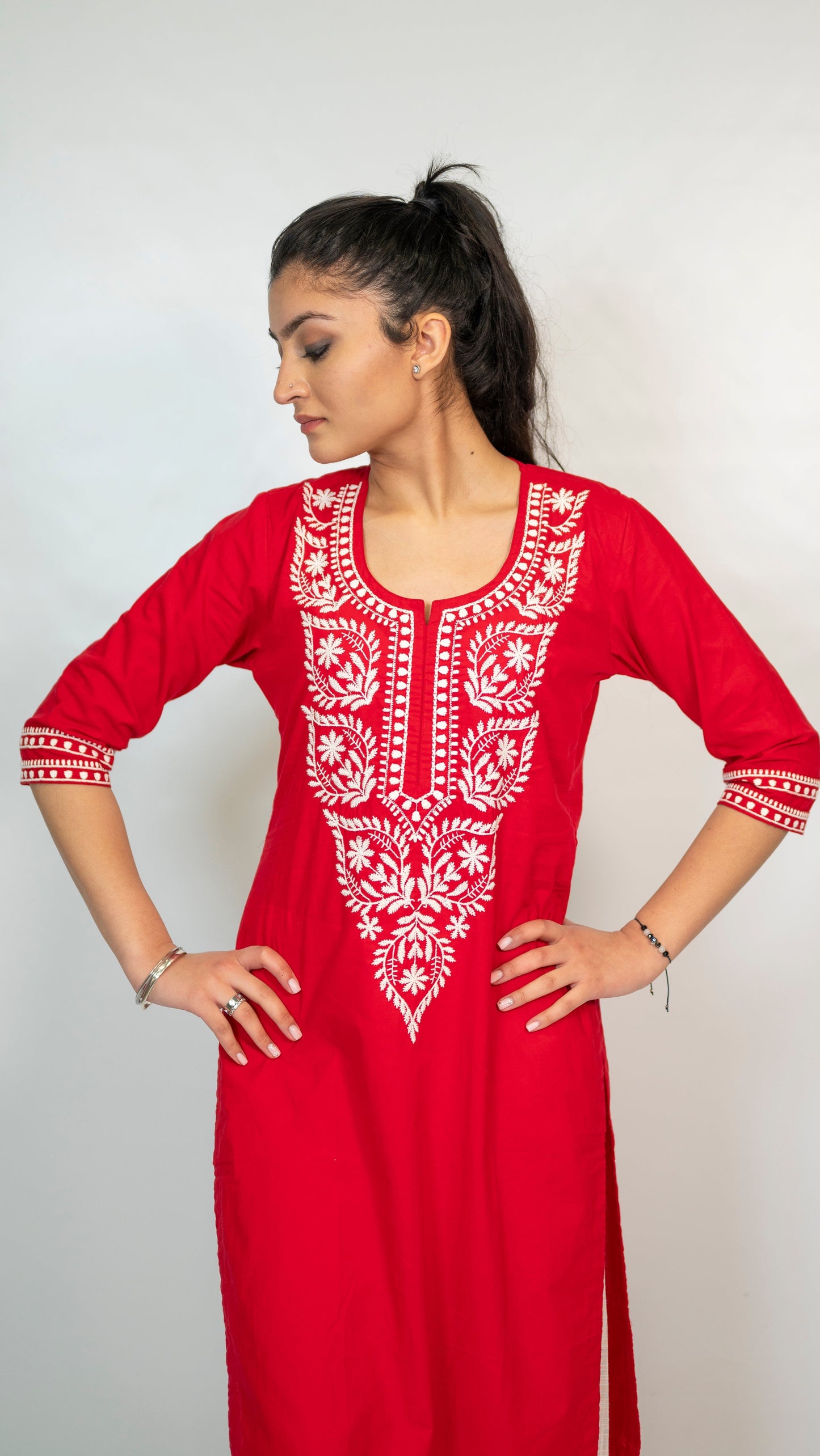 Cotton Red Embroidery Long Co Ord Set