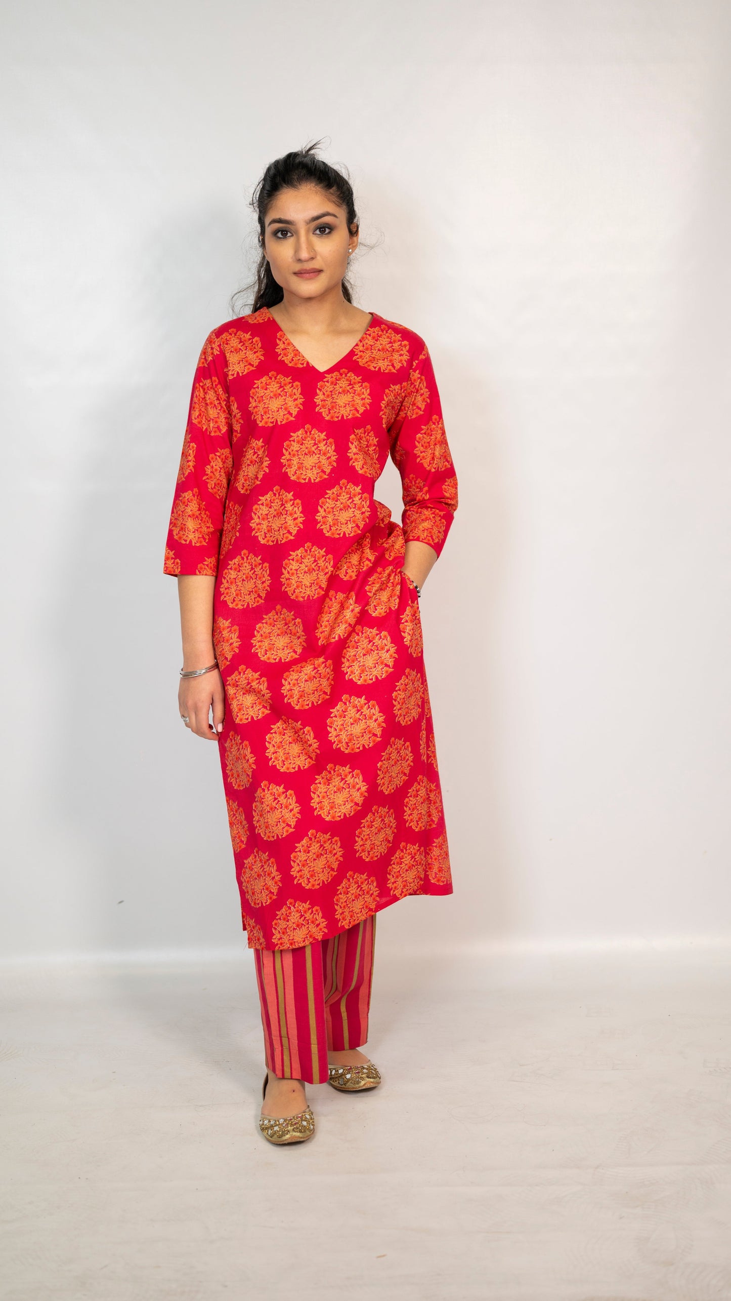 Cotton Red Flower Block Print Co-Ord Set