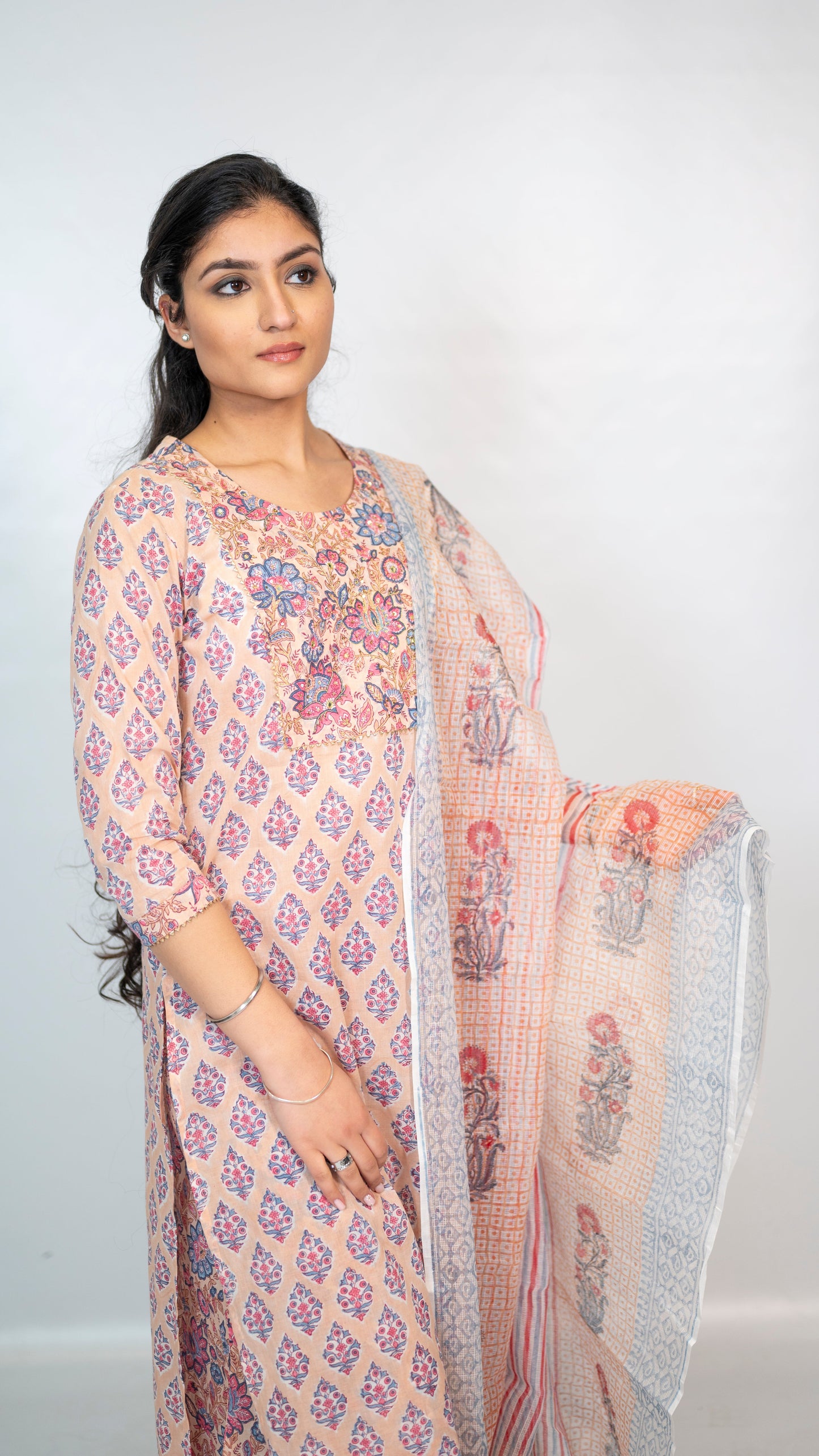 Cotton Pink Flower Block Print suit