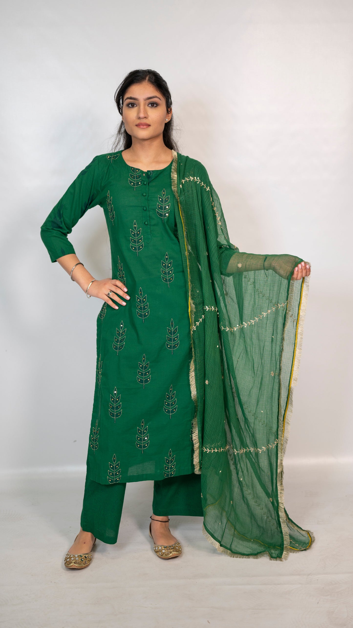 Cotton Green Block Print Embroidery Suit