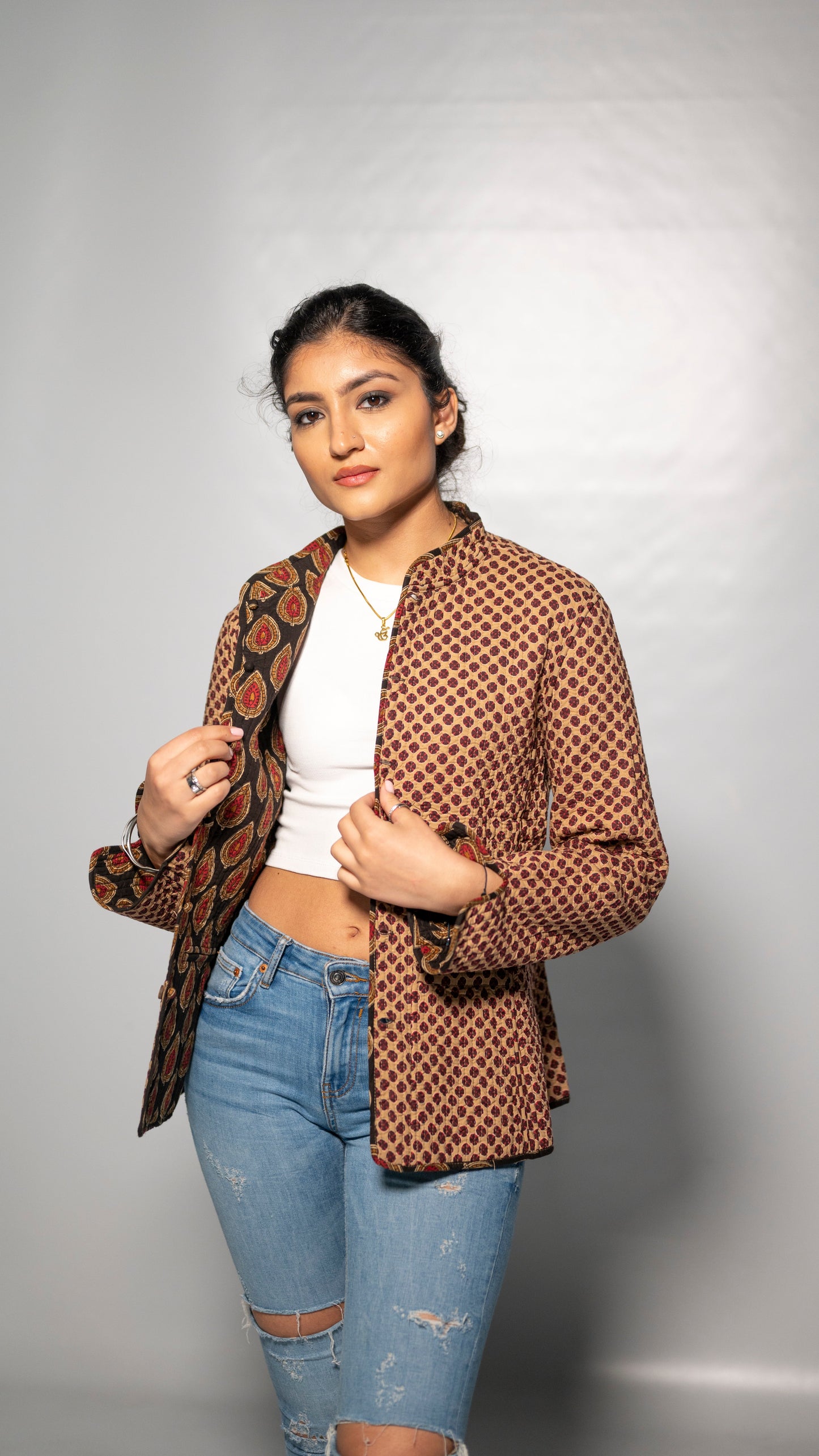 Ladies Cotton Black Reversible Jaipur Block Print Jacket