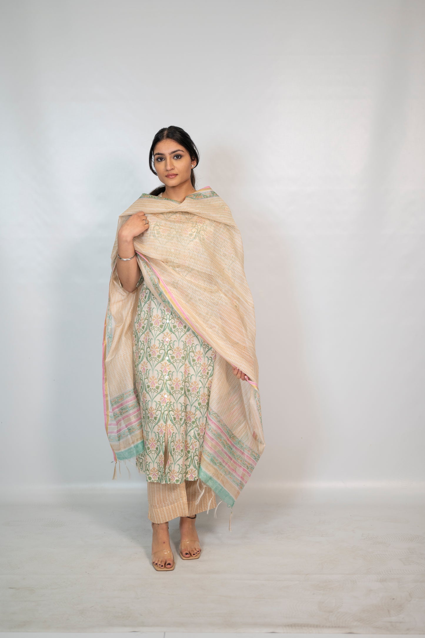 Cotton Beige Block Print Suit