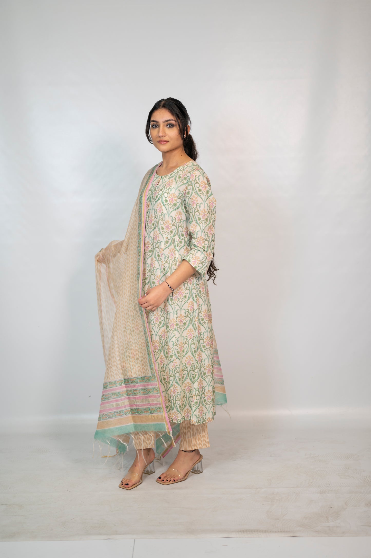 Cotton Beige Block Print Suit