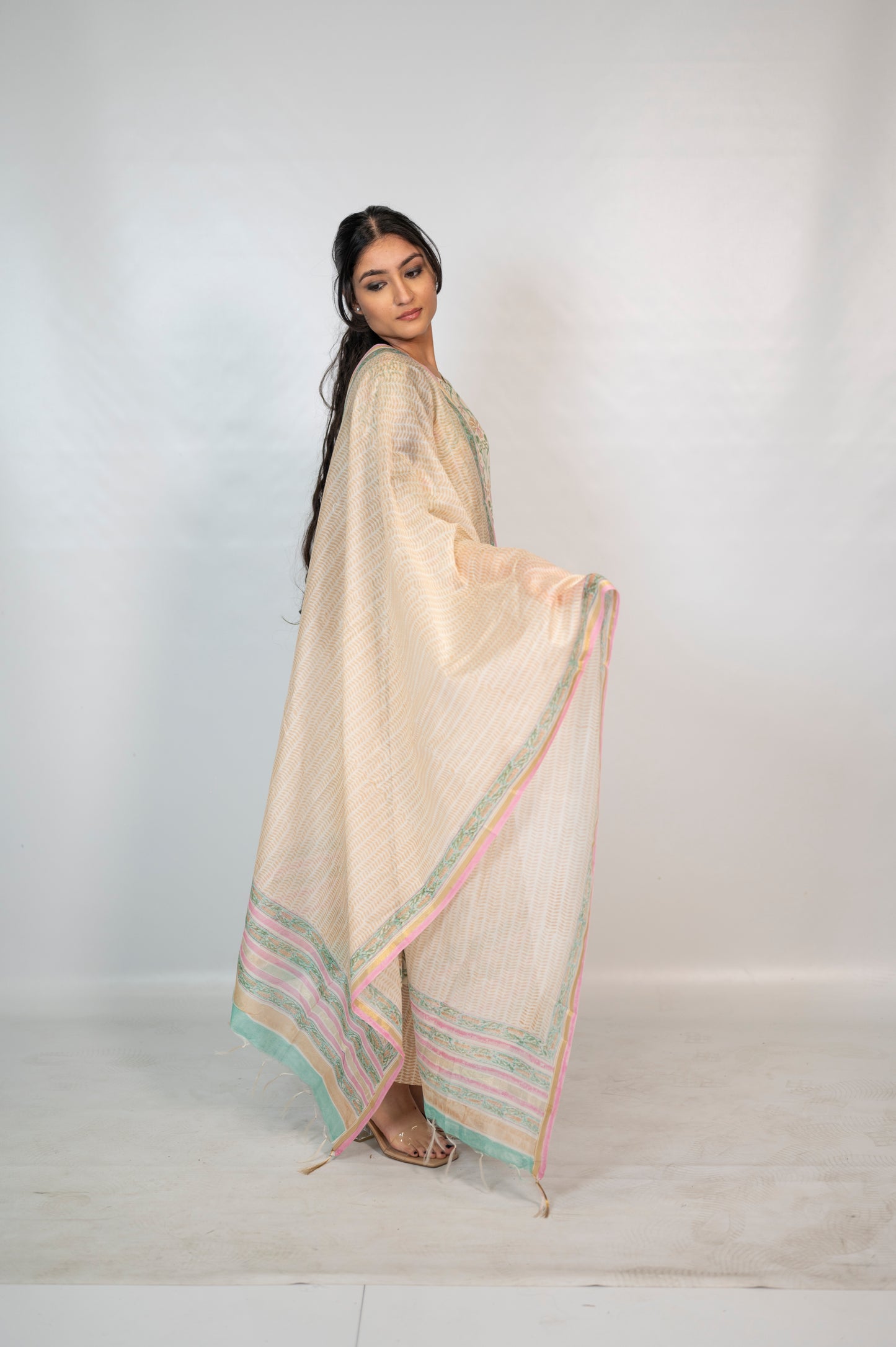 Cotton Beige Block Print Suit