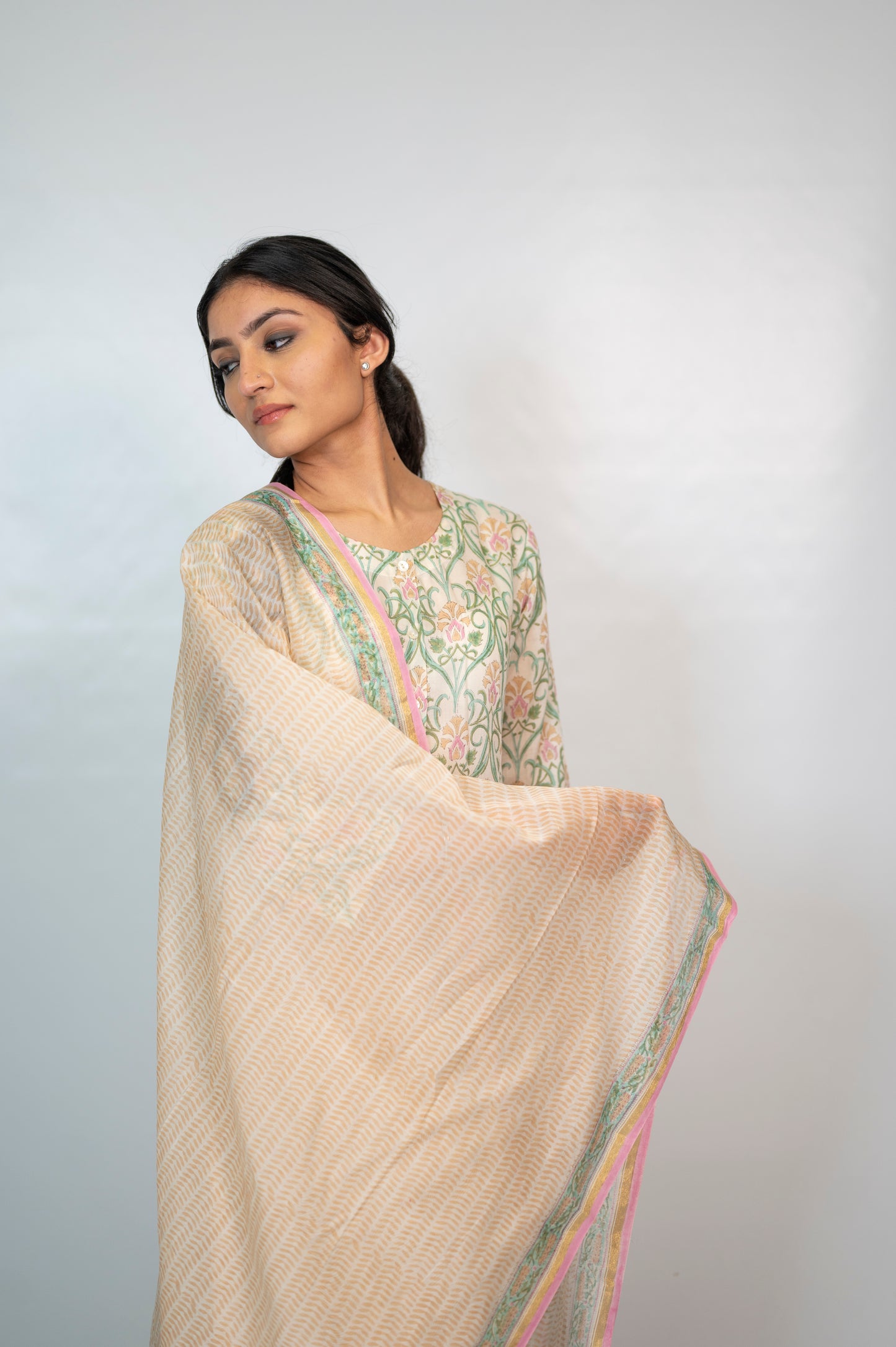 Cotton Beige Block Print Suit