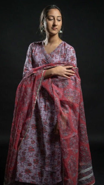 Cotton Lilac Block Print Frock Suit