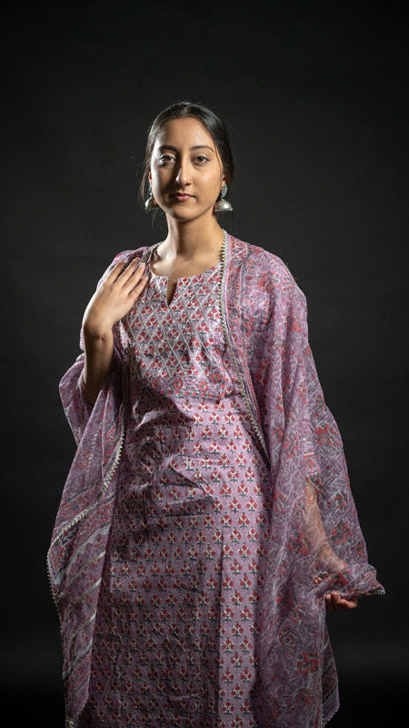 Cotton Lilac Flower Block Print Suit