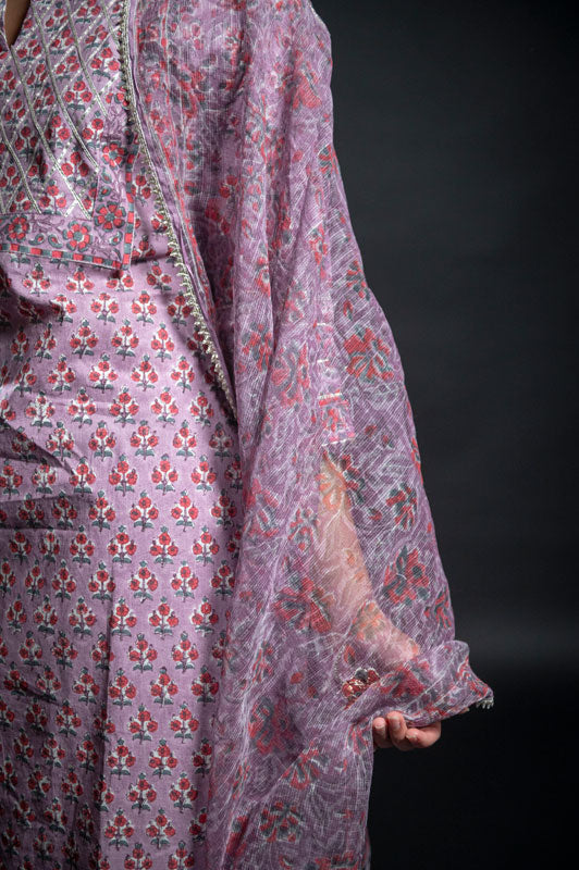 Cotton Lilac Flower Block Print Suit