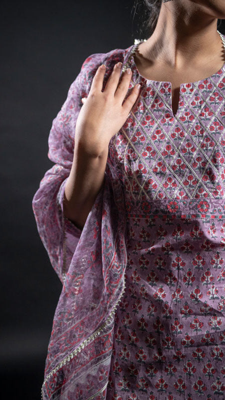 Cotton Lilac Flower Block Print Suit