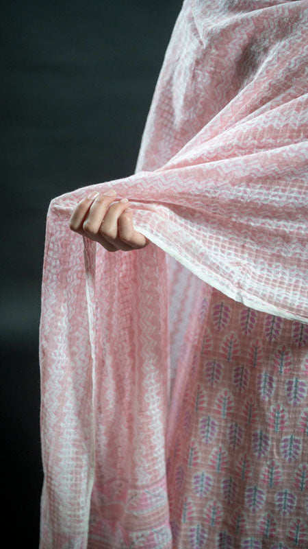 Cotton Pink Flower Block Print Suit