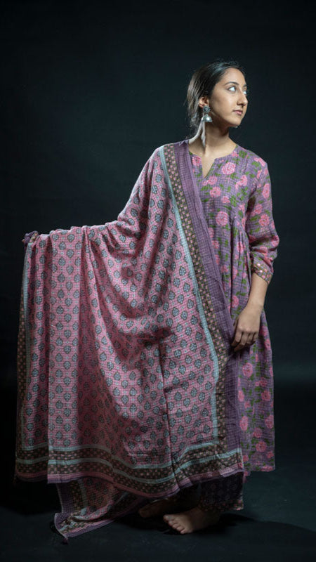 Cotton Purple Flower Block Print Suit