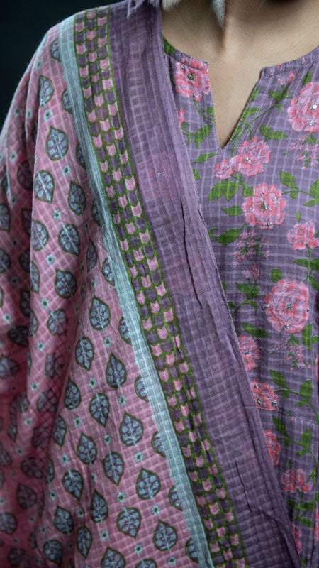 Cotton Purple Flower Block Print Suit