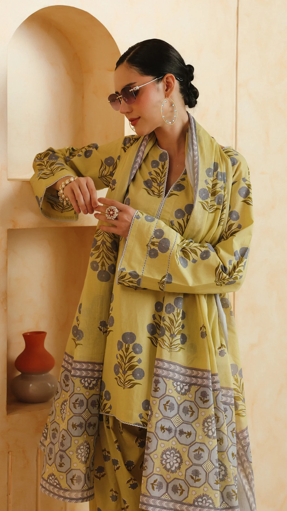 Cotton Yellow Printed Farshi Kurta and Dupatta Set