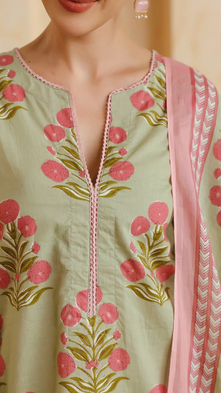 Cotton Green Printed Farshi Kurta and Dupatta Set