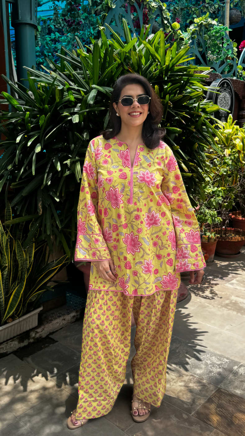 Cotton Lemon Yellow Printed Farshi Kurta Set