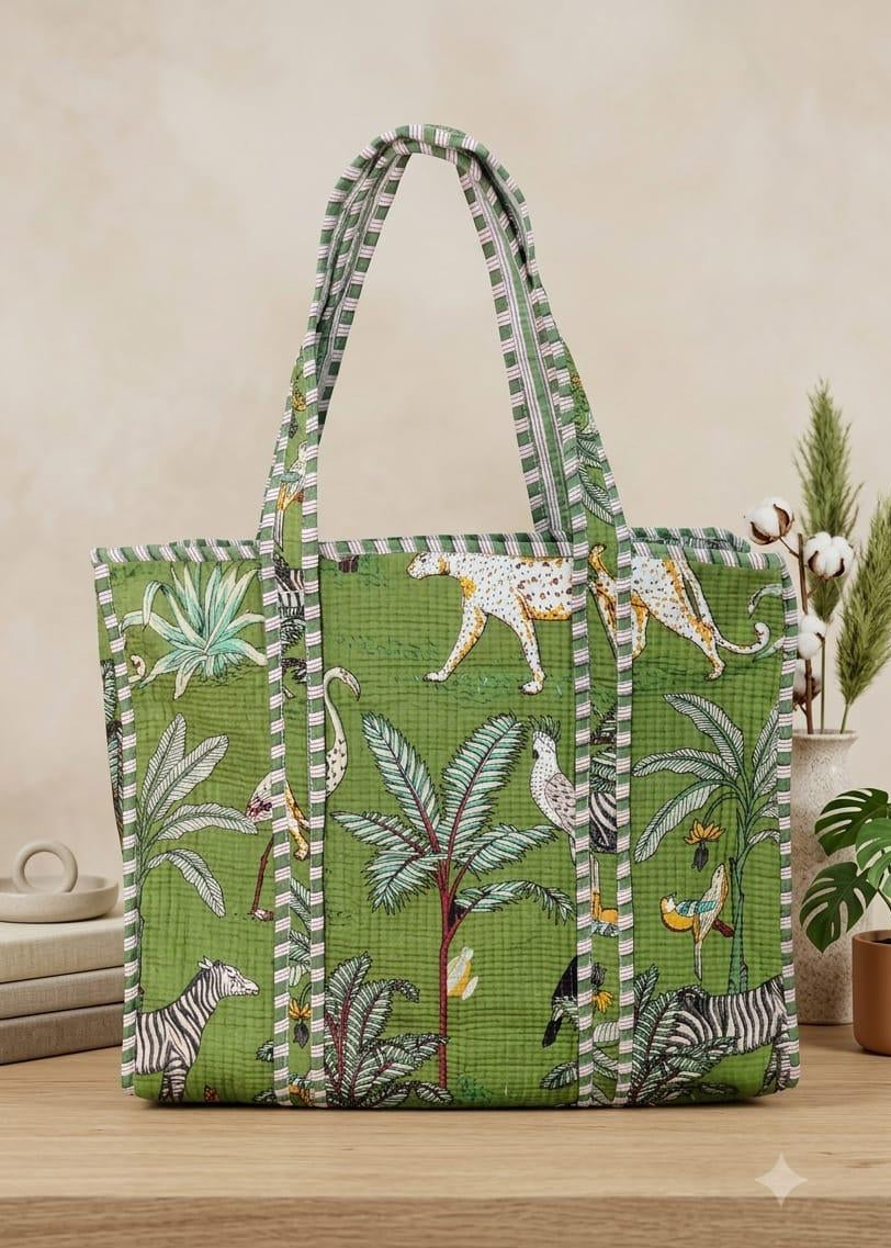 Cotton Olive Green Animal Print Tote Bag