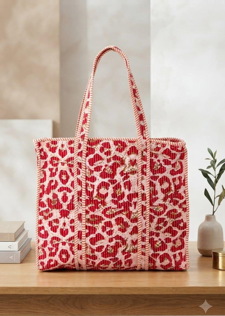 Cotton Red Ikat Pattern Tote Bag