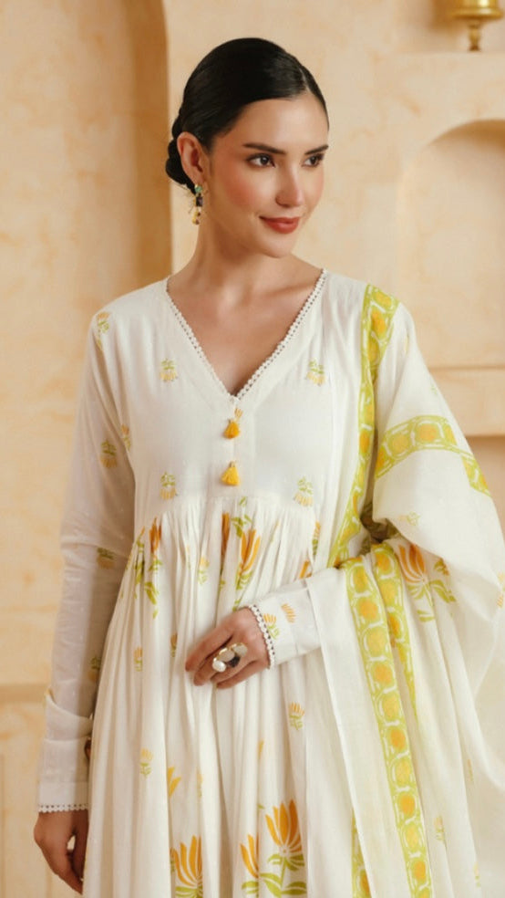 Coming Soon: Cotton White & Yellow Floral Printed Cotton Kurta Set