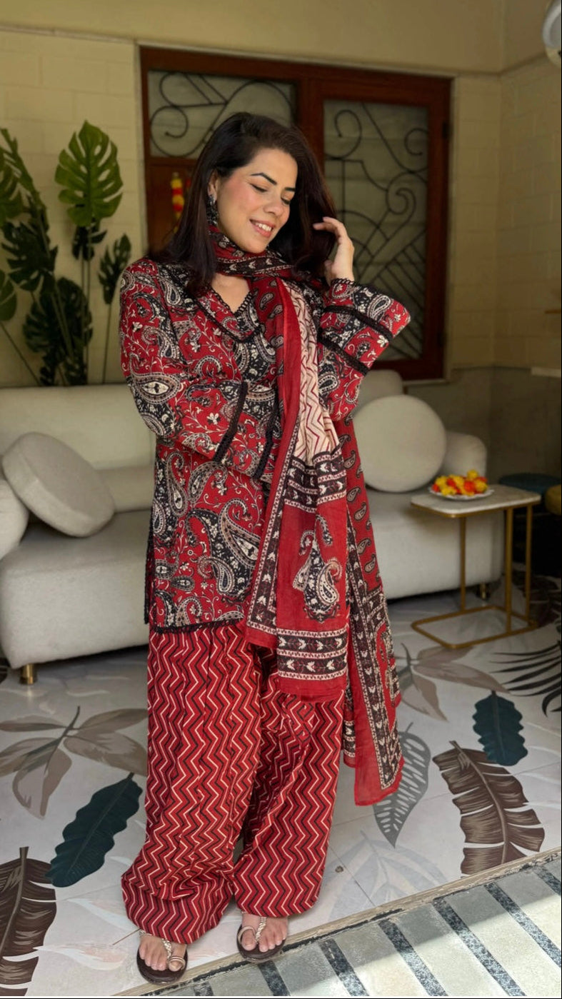 Coming Soon: Cotton Red Printed Farshi Kurta Set
