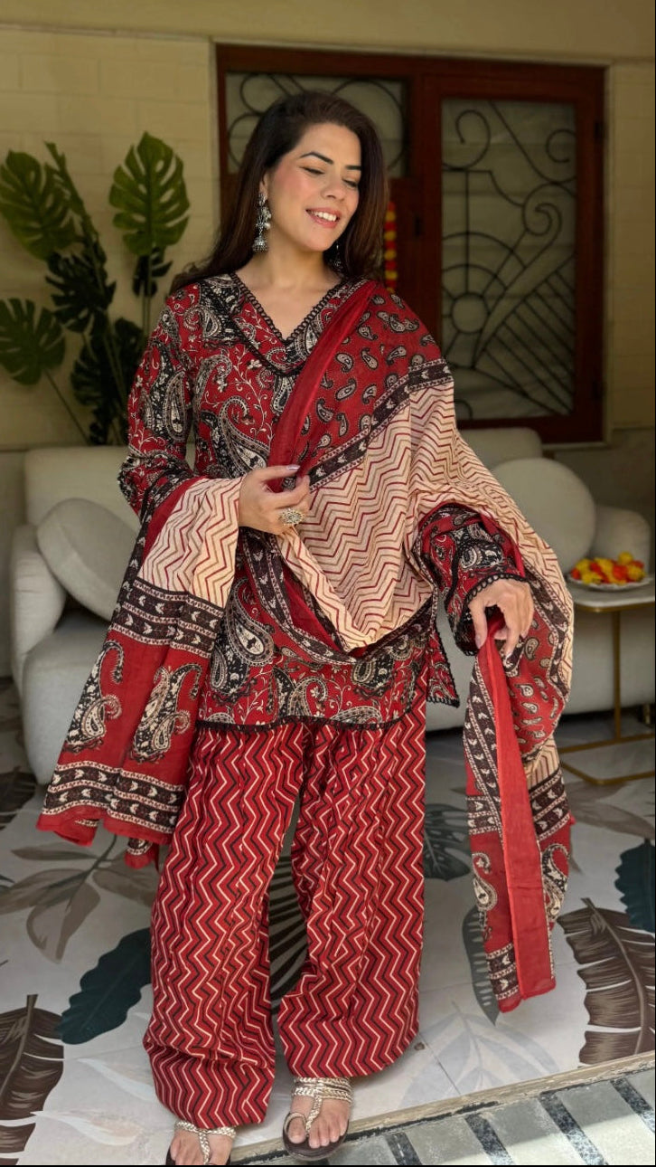 Coming Soon: Cotton Red Printed Farshi Kurta Set