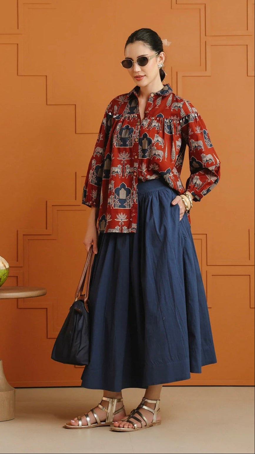 Coming Soon: Cotton Red Printed Shirt/ Skirt Set