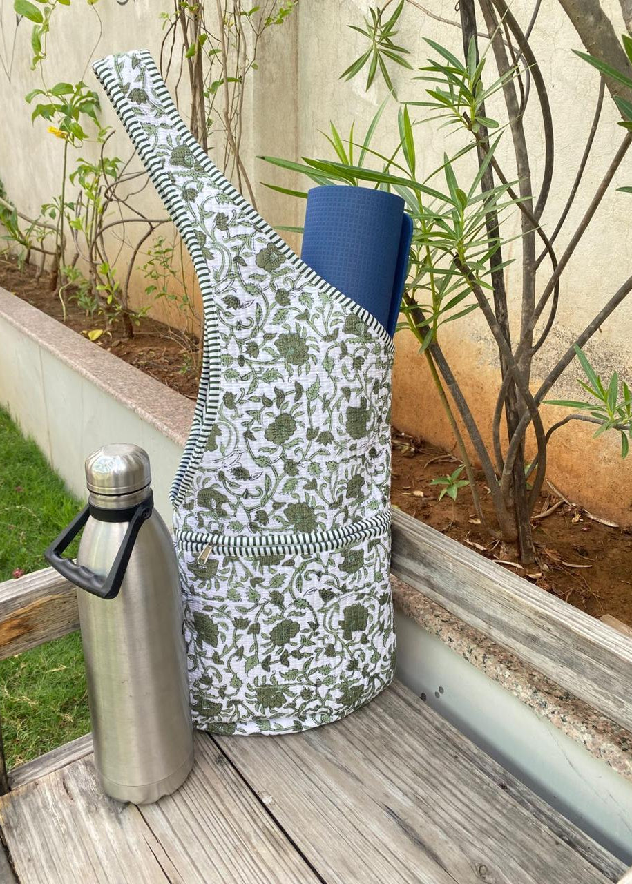 Coming Soon: Cotton White/ Olive Block Print Yoga Bag