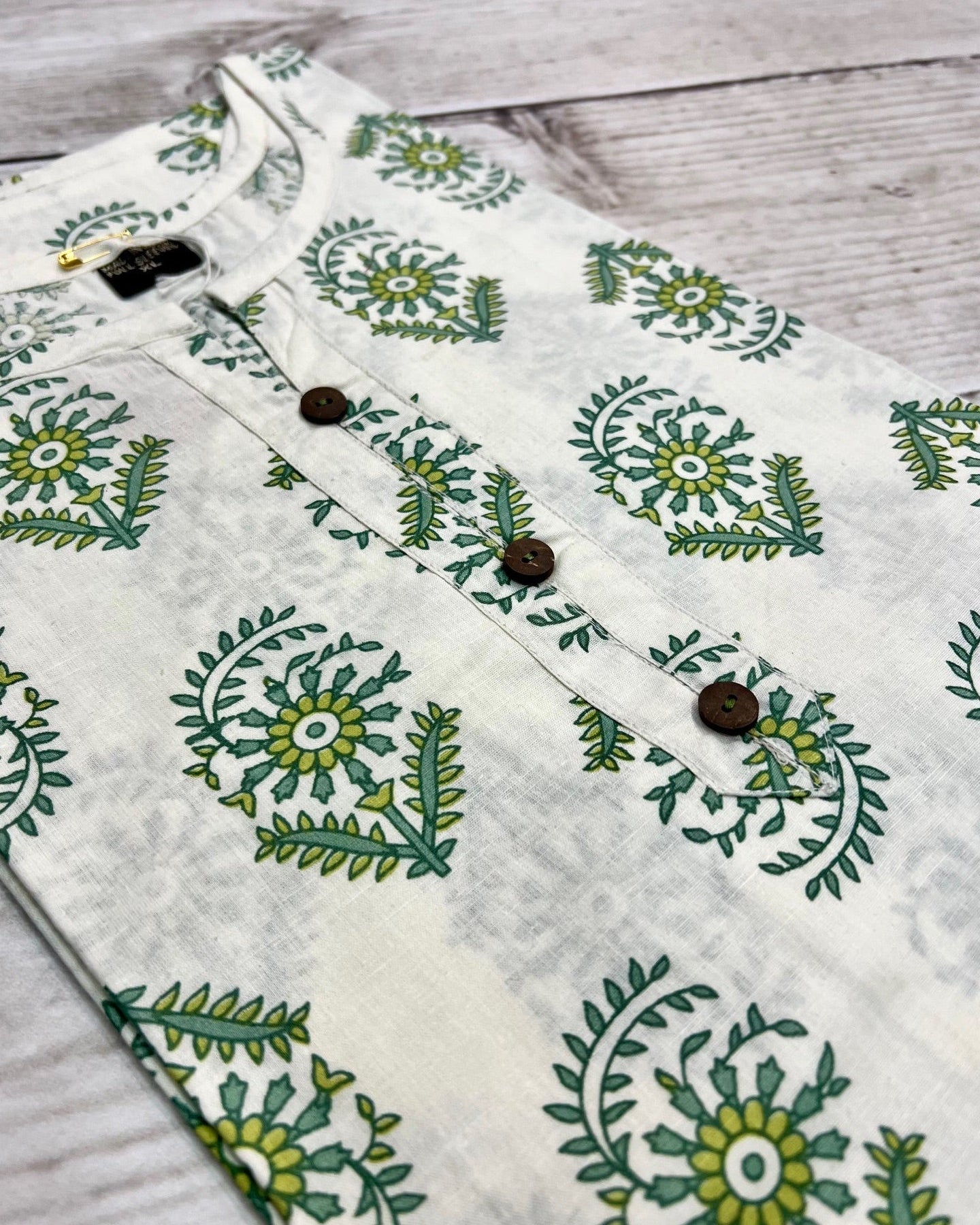 Cotton White/ Green Block Print Kurti