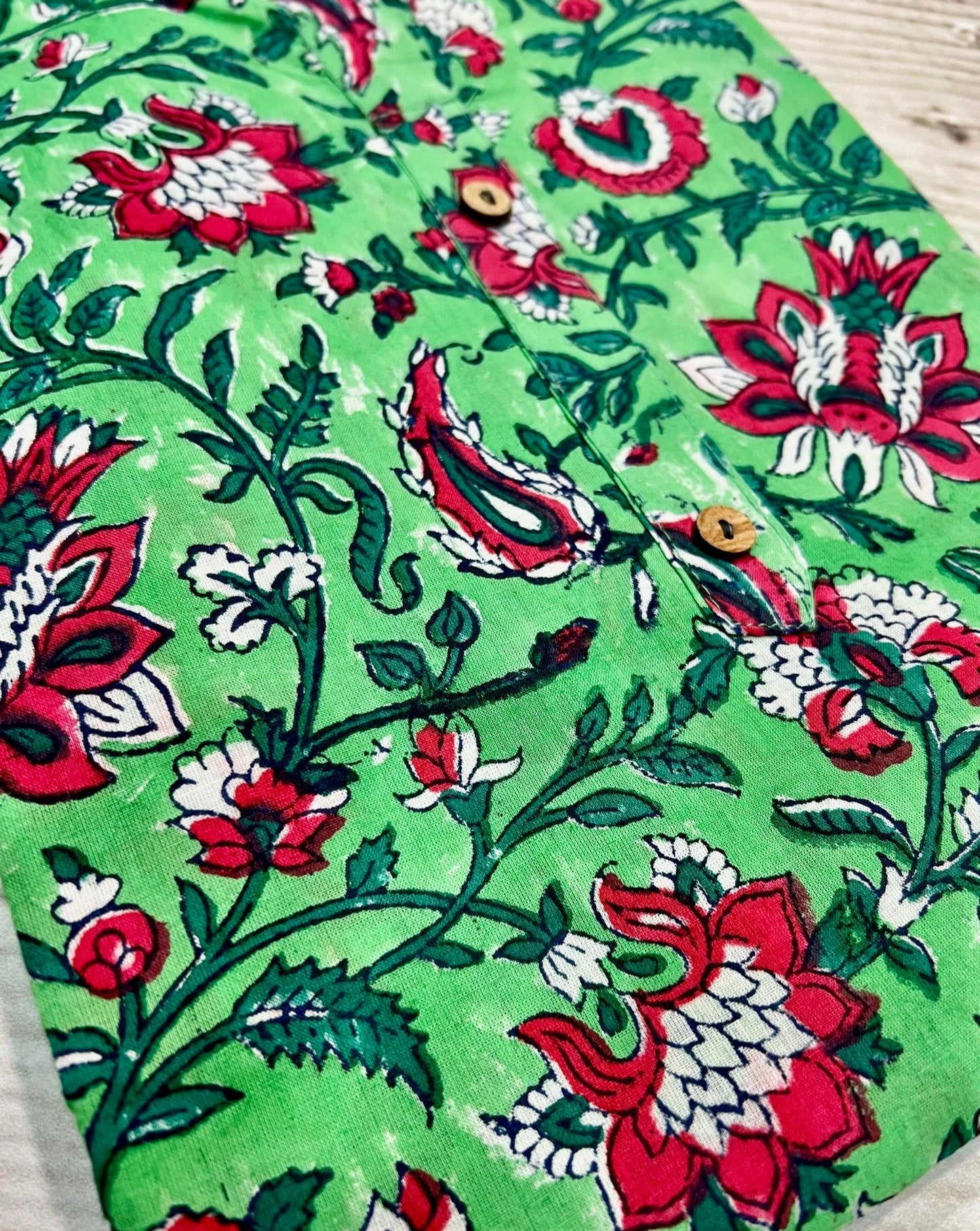 Cotton Long Green Block Print Kurti